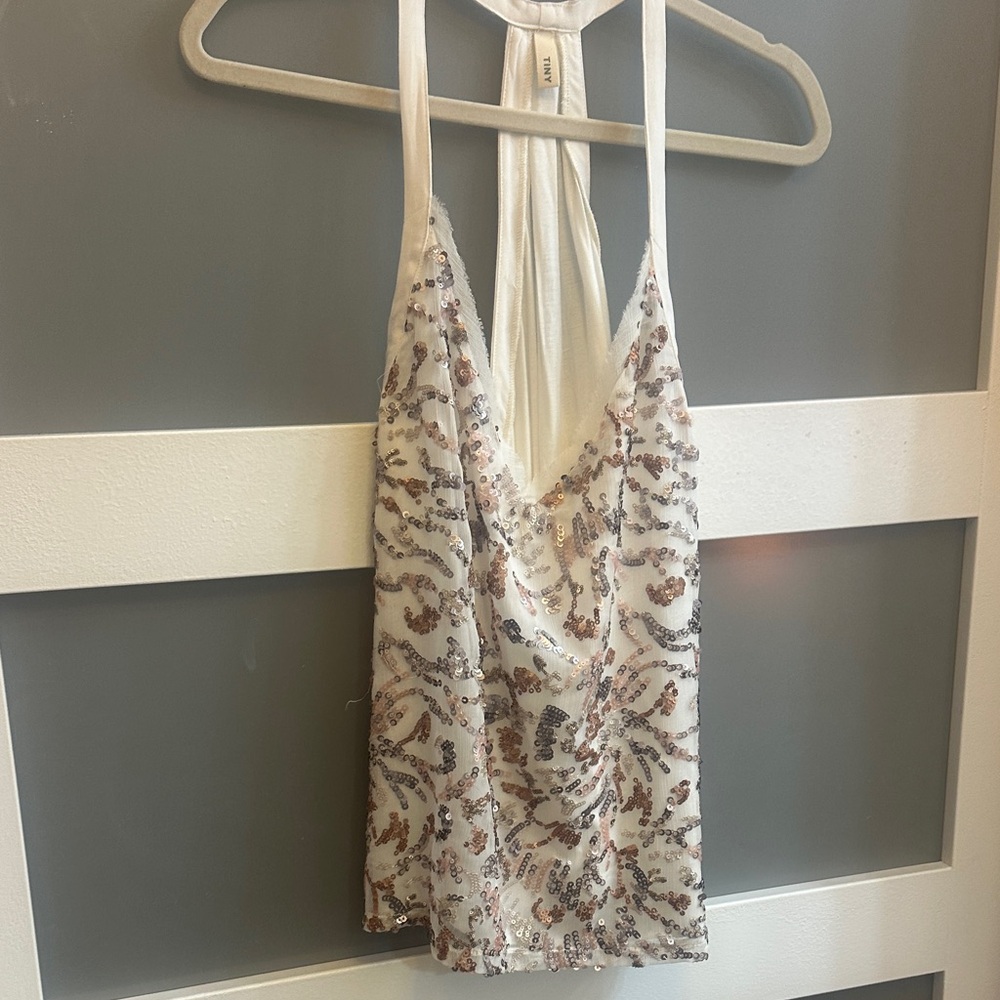Anthropologie White and Silver Sequin Halter Top